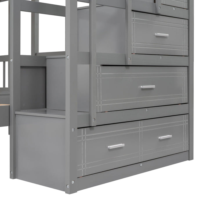 Full over Twin and Twin Bunk Bed with Drawers and Guardrail - Gray