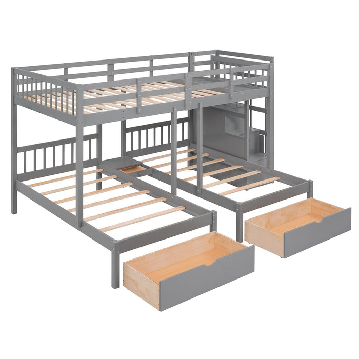 Full over Twin and Twin Bunk Bed with Drawers and Guardrail - Gray