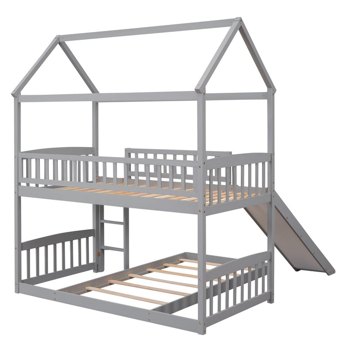 Twin over Twin House Shaped Bunk Bed with Slide - Gray