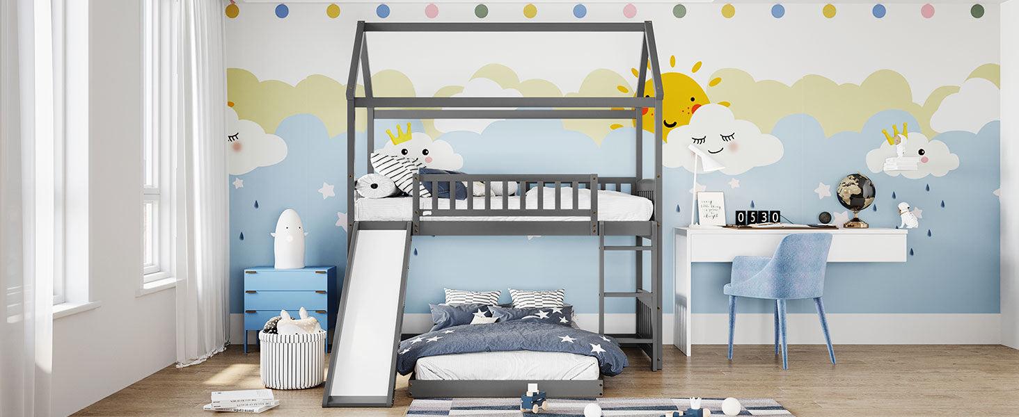 Twin over Twin House Shaped Bunk Bed with Slide - Gray