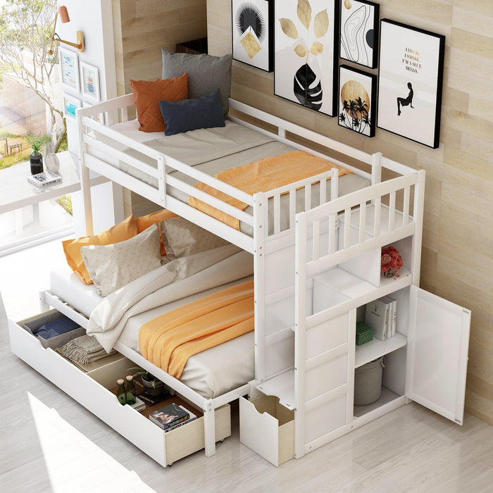 Twin over Twin or Twin over Full Convertible Bunk Bed withStorage Shelves and Drawers - White