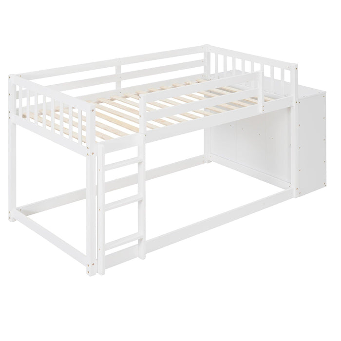 Twin over Twin Bunk Bed with 4 Drawers and 3 Shelves - White