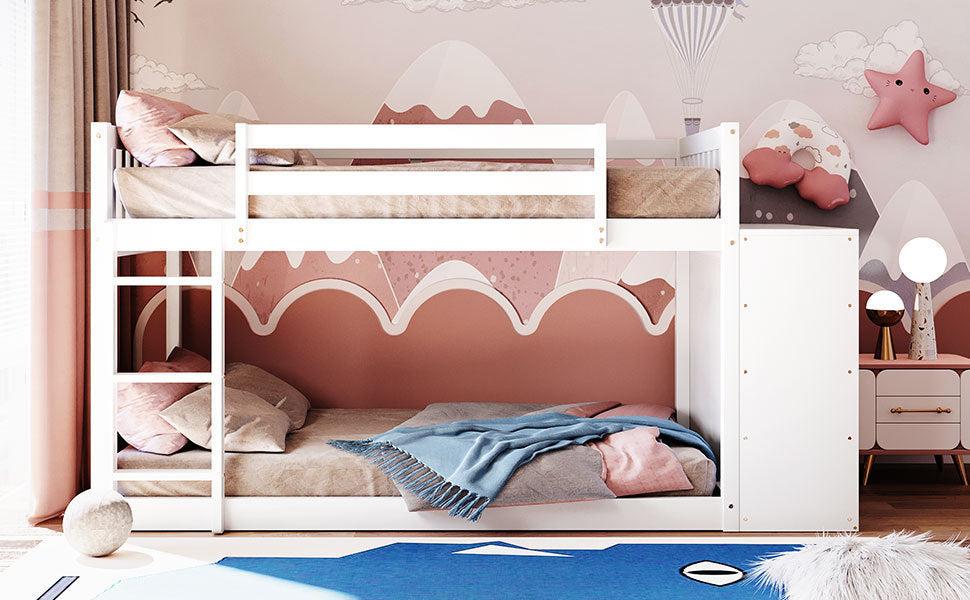 Twin over Twin Bunk Bed with 4 Drawers and 3 Shelves - White