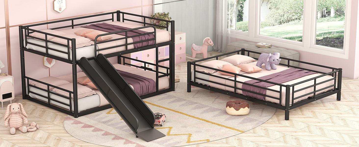 Full Size Convertible Metal Bunk Bed with Ladders and Slide - Black