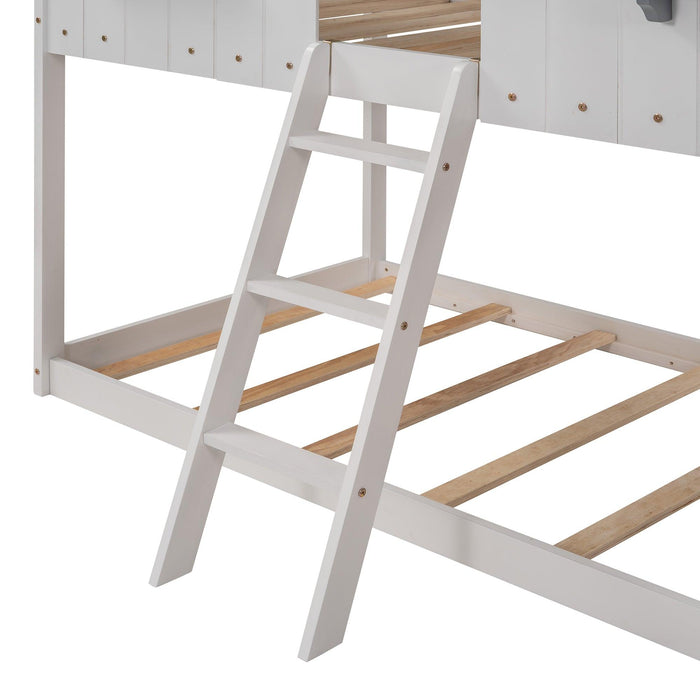 Twin over Twin House Shaped Bunk Bed with Roof Window Guardrail Ladder - White