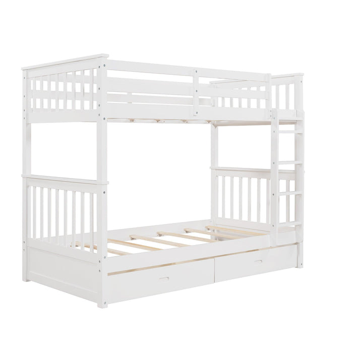 Twin over Twin Bunk Bed with Ladders and TwoStorage Drawers - White