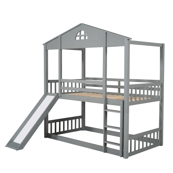 Twin over Twin Convertible House Shaped Bunk Bed with Slide and Ladder - Gray