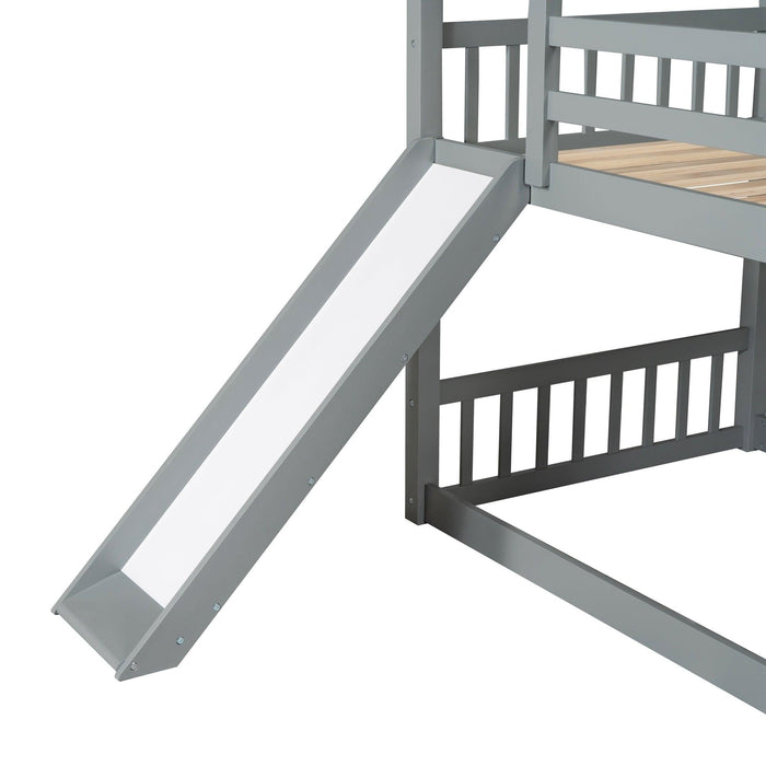 Twin over Twin Convertible House Shaped Bunk Bed with Slide and Ladder - Gray