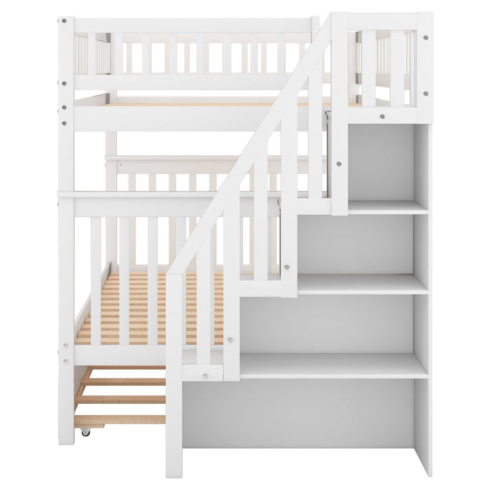 Full over Full Bunk Bed with Twin Size Trundle andStorage Staircase - White