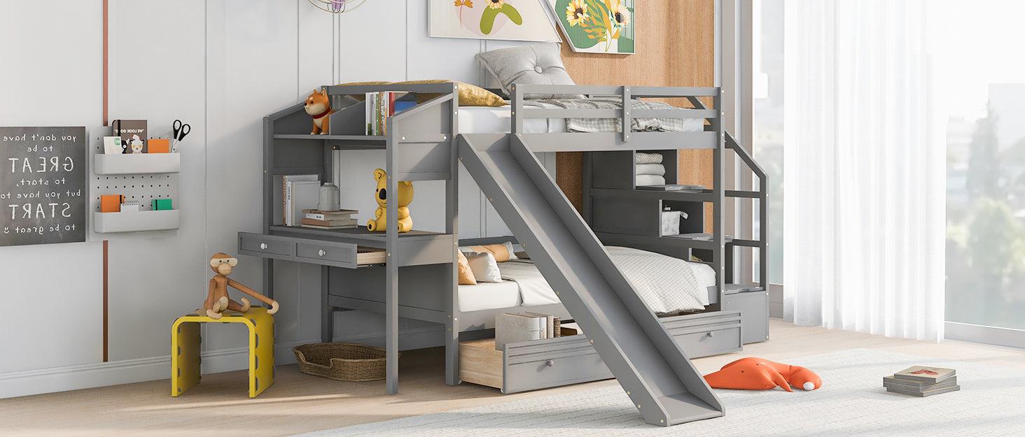 Twin over Twin Bunk Bed withStorage Staircase, Slide, Drawers and Desk with Drawers and Shelves - Gray