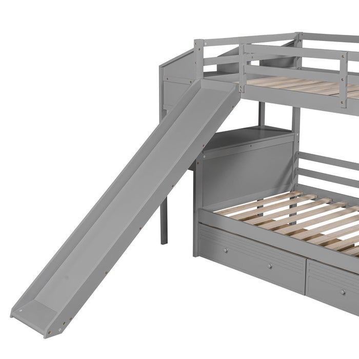 Twin over Twin Bunk Bed withStorage Staircase, Slide, Drawers and Desk with Drawers and Shelves - Gray