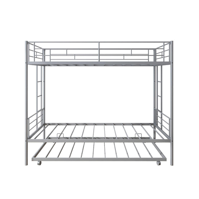 Twin over Twin Metal Bunk Bed with 2 Side Ladders, Safety Guard Rails and Twin Size Trundle Bed - Silver