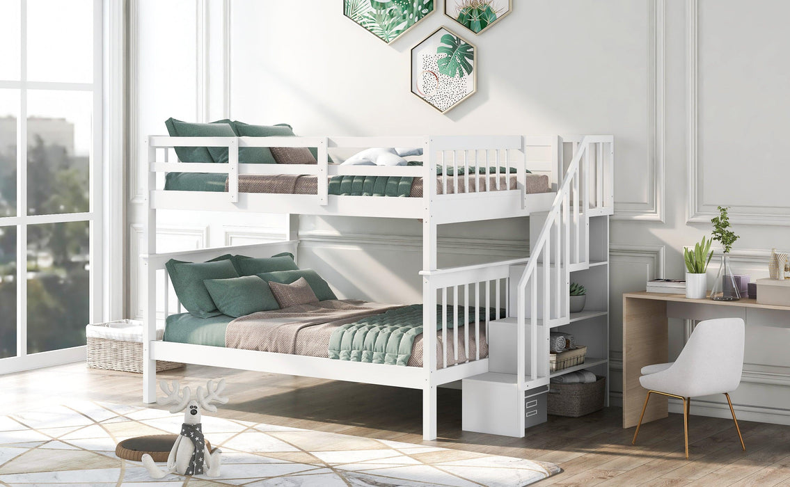 Full over Full Bunk Bed withStorage Staircase and Guard Rail - White