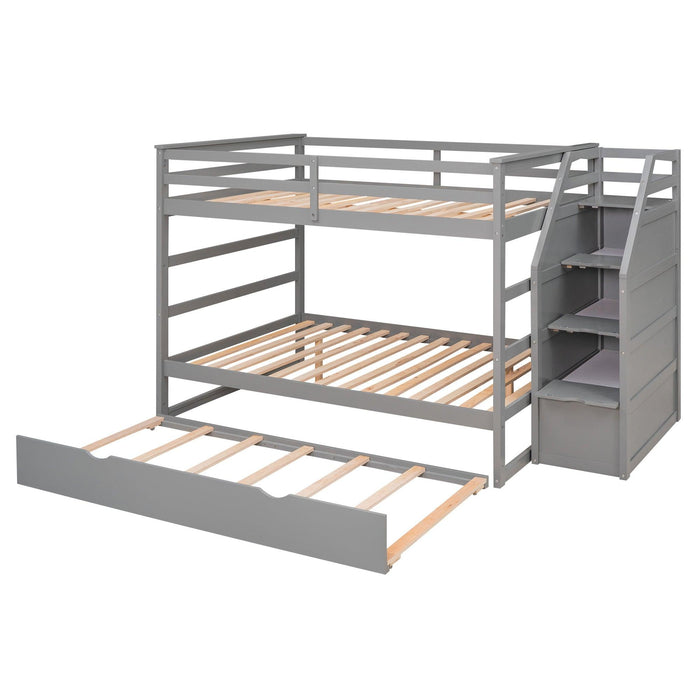 Full over Full Bunk Bed withStorage Staircase and Twin Size Trundle Bed - Gray