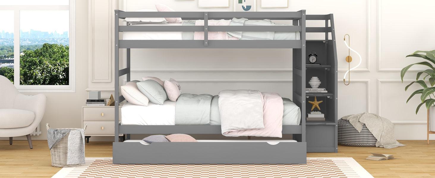 Full over Full Bunk Bed withStorage Staircase and Twin Size Trundle Bed - Gray