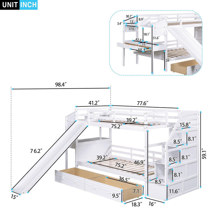 Twin over Twin Bunk Bed withStorage Staircase, Slide, Drawers and Desk with Drawers and Shelves - White