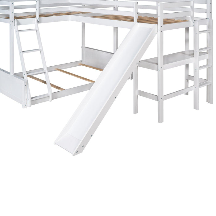 Twin over Full Bunk Bed and Twin Size Loft Bed with Desk, Slide and Guardrail - White