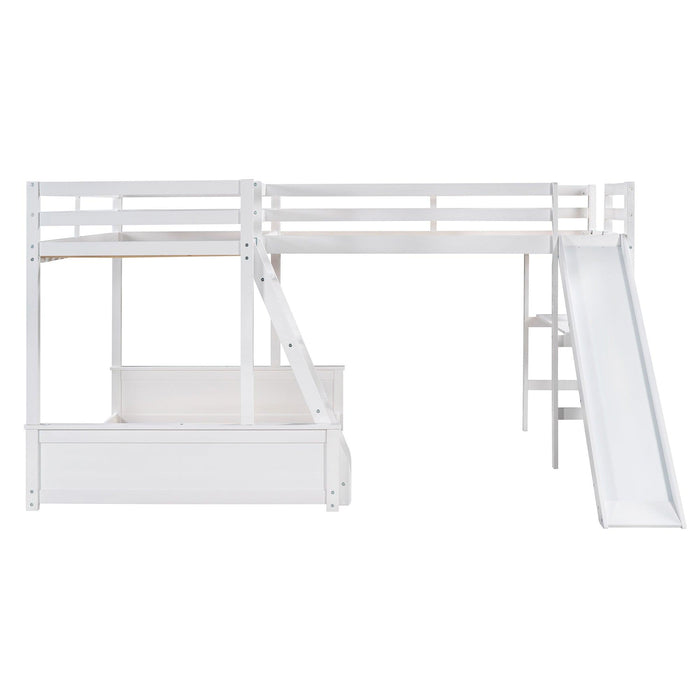 Twin over Full Bunk Bed and Twin Size Loft Bed with Desk, Slide and Guardrail - White