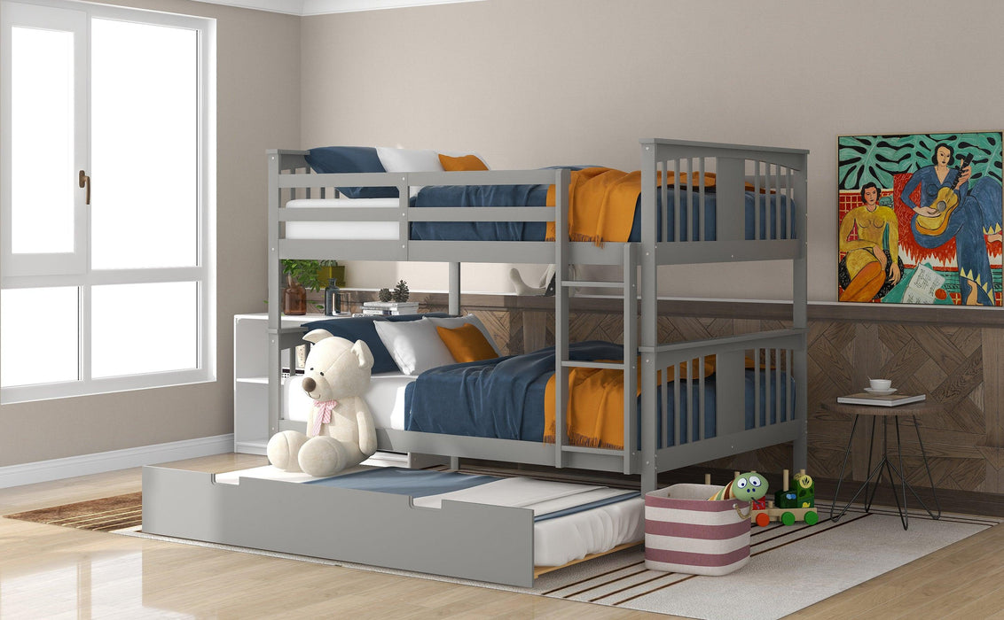 Full over Full Convertible Bunk Bed with Twin Size Trundle and Ladder - Gray