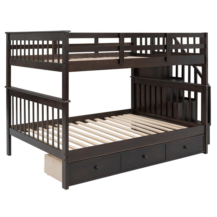 Full over Full Bunk Bed with Drawer,Storage Staircase and Guard Rail - Espresso