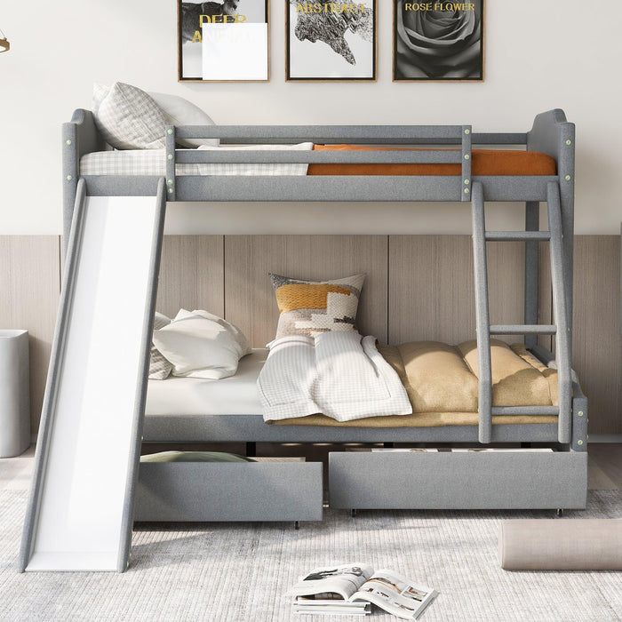 Twin over Full Bunk Bed with Two Drawers, Slide, Headboard and Footboard - Grey