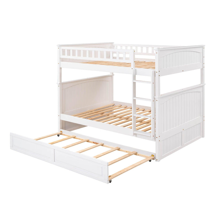 Full over Full Bunk Bed with Twin Size Trundle and Guardrails - White