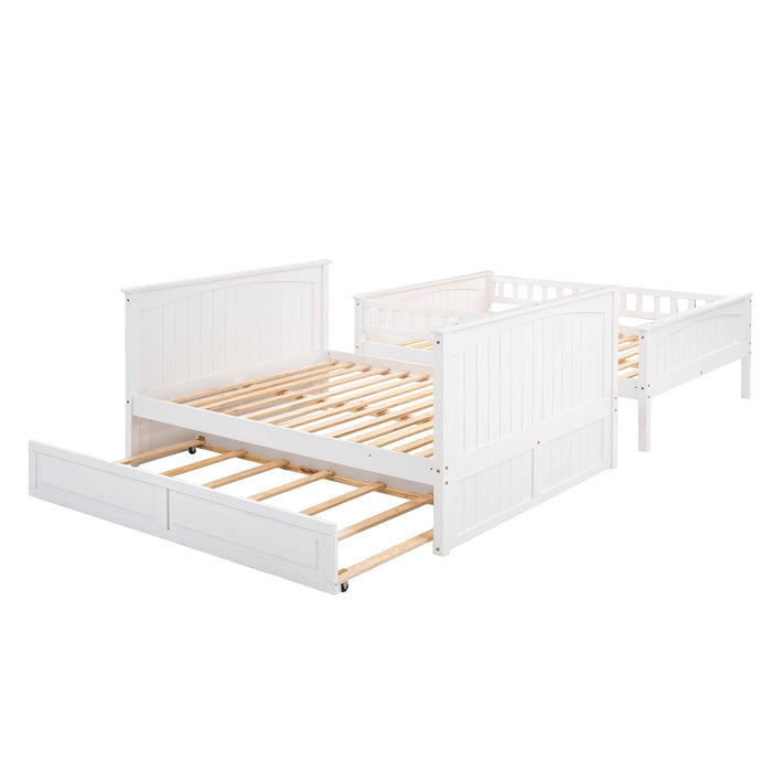 Full over Full Bunk Bed with Twin Size Trundle and Guardrails - White