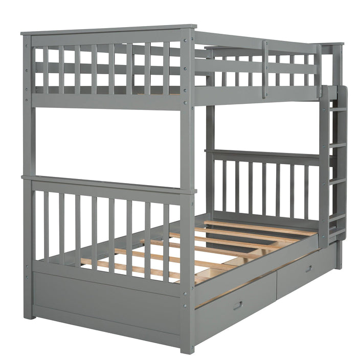 Twin over Twin Bunk Bed with Ladders and TwoStorage Drawers - Gray