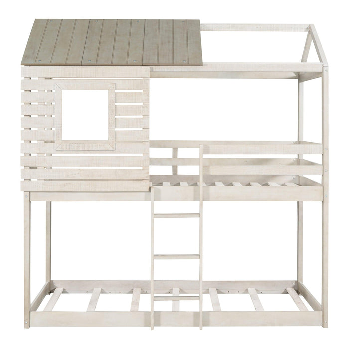 Twin Over Twin House Shaped Bunk Bed with Guardrail and Ladder - Antique White