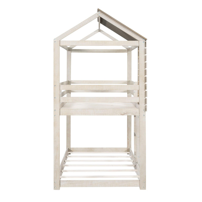 Twin Over Twin House Shaped Bunk Bed with Guardrail and Ladder - Antique White