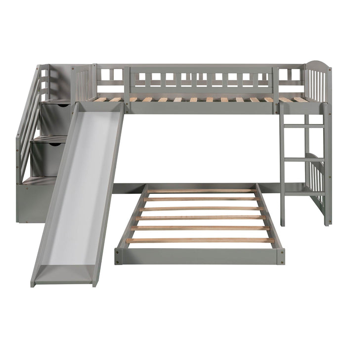 Twin over Twin Bunk Bed with Two Stairway Drawers and Slide - Gray