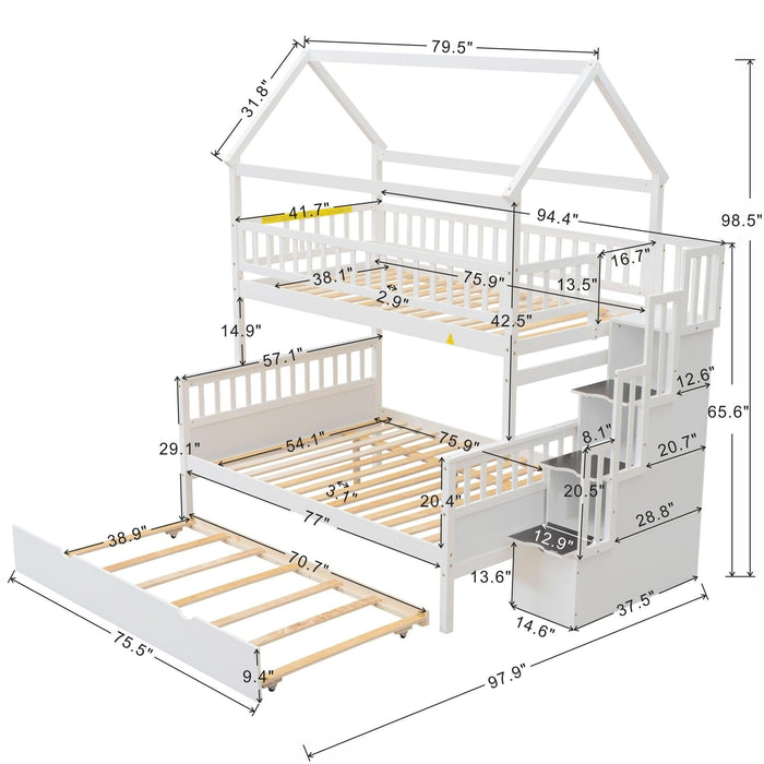 Twin over Full House Shaped Bunk Bed withStorage Staircase, Guardrail and Twin Size Trundle - White