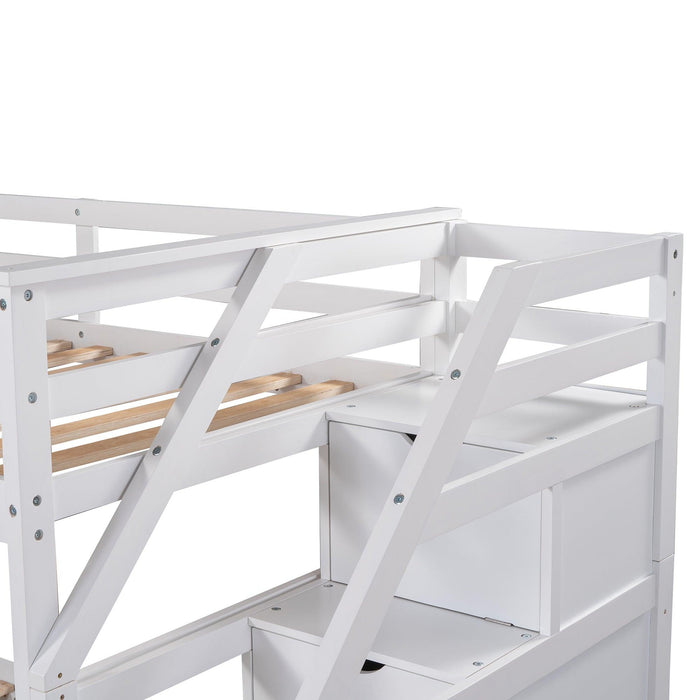 Twin over Twin Bunk Bed withStorage Staircase and Twin Size Trundle Bed - White