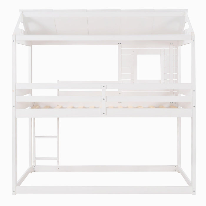Twin Over Twin House Shaped Bunk Bed with Guardrail and Ladder - White