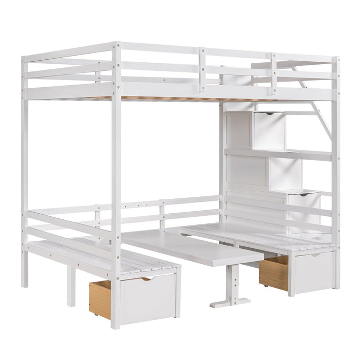 Full over Full Convertible Bunk Bed into Seats and Table Set withStorage Staircase - White