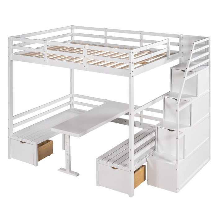 Full over Full Convertible Bunk Bed into Seats and Table Set withStorage Staircase - White