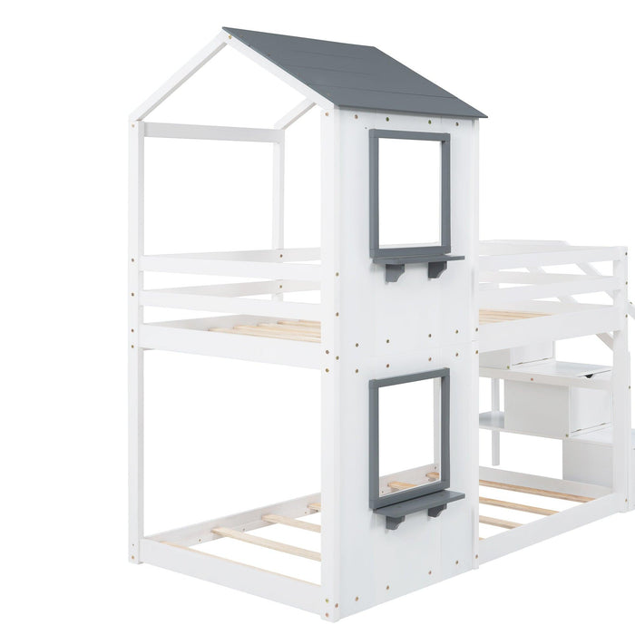 Twin over Twin House Shaped Bunk Bed withStorage Stairs, Guardrail and Ladder - White