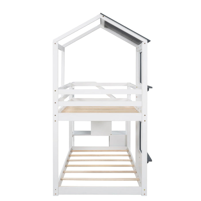 Twin over Twin House Shaped Bunk Bed withStorage Stairs, Guardrail and Ladder - White