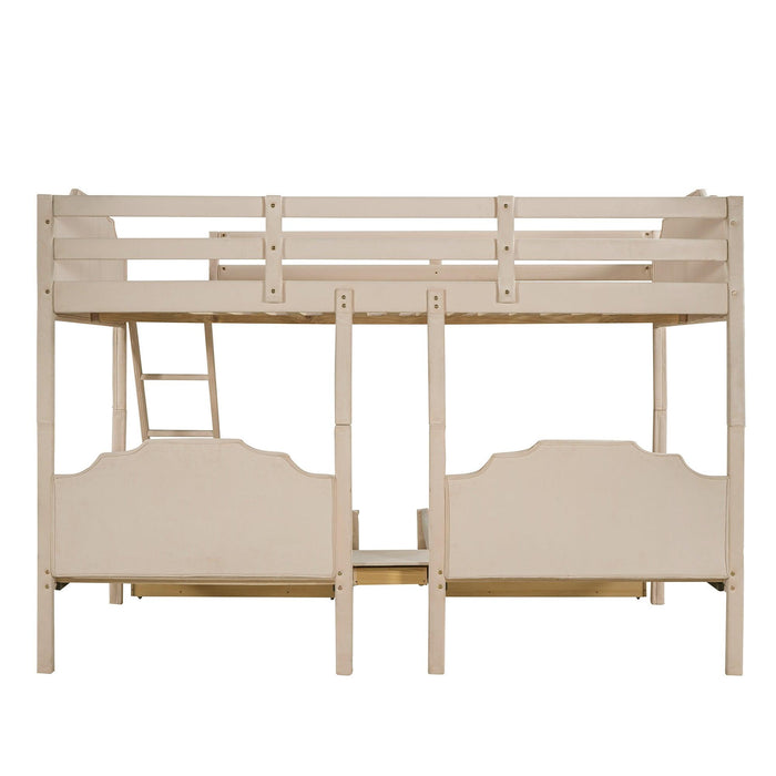 Full over Twin and Twin Bunk Bed with Drawers and Guardrails - Beige