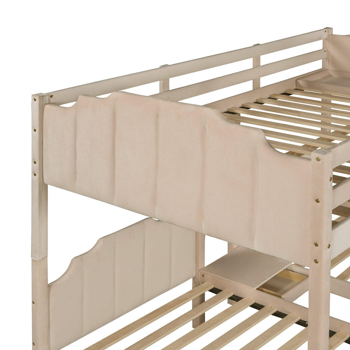 Full over Twin and Twin Bunk Bed with Drawers and Guardrails - Beige