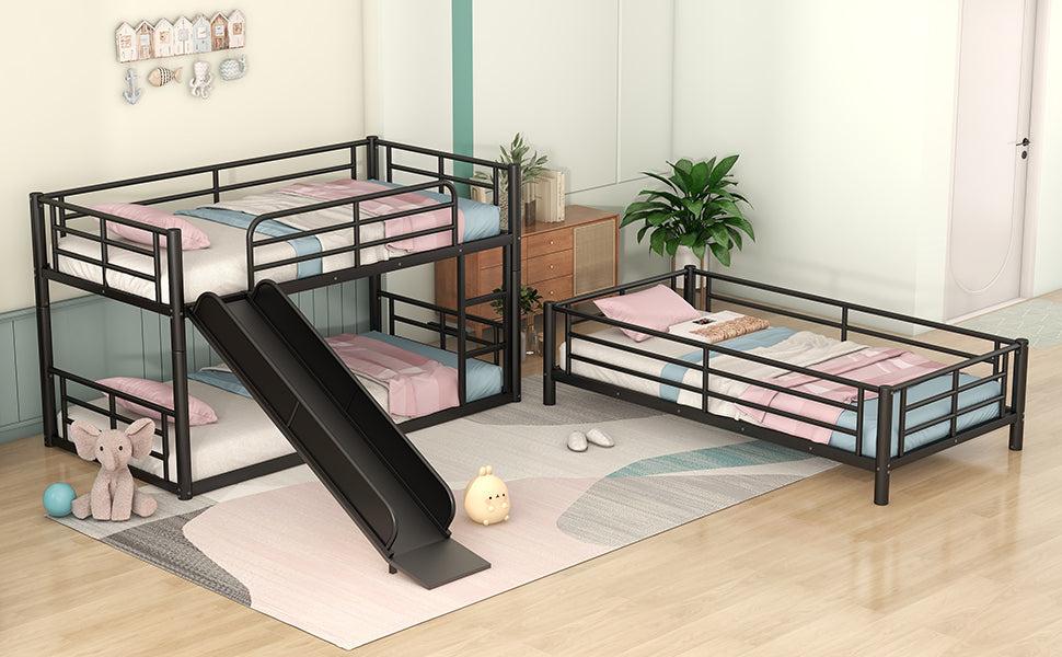 Twin Size Convertible Metal Bunk Bed with Ladders and Slide - Black