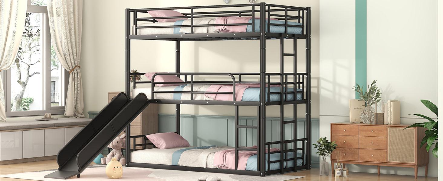 Twin Size Convertible Metal Bunk Bed with Ladders and Slide - Black