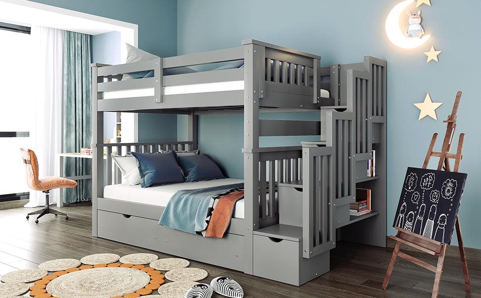Full over Full Bunk Bed with Shelves and 6Storage Drawers - Gray