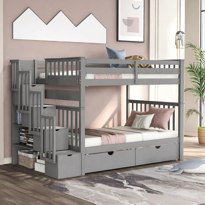 Full over Full Bunk Bed with Shelves and 6Storage Drawers - Gray
