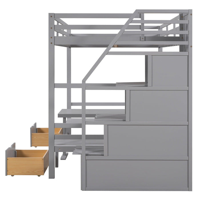 Full over Full Convertible Bunk Bed into Seats and Table Set withStorage Staircase - Gray