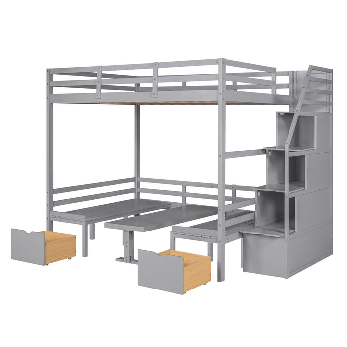 Full over Full Convertible Bunk Bed into Seats and Table Set withStorage Staircase - Gray