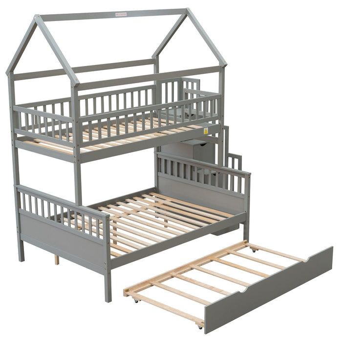 Twin over Full House Shaped Bunk Bed withStorage Staircase, Guardrail and Twin Size Trundle - Gray