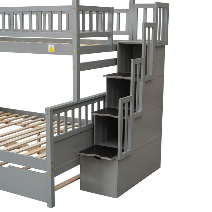 Twin over Full House Shaped Bunk Bed withStorage Staircase, Guardrail and Twin Size Trundle - Gray