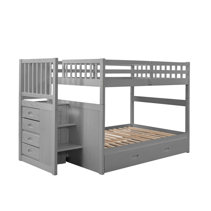 Full over Full Convertible Bunk Bed with Twin Size Trundle and Staircase Drawers - Gray