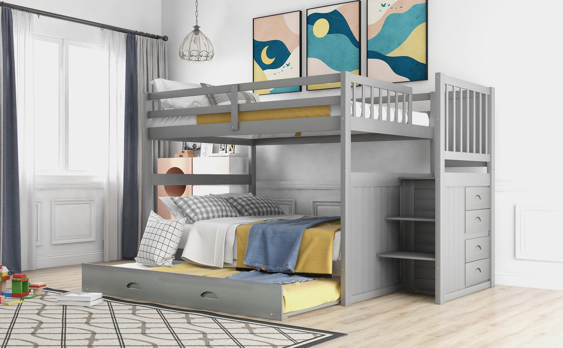 Full over Full Convertible Bunk Bed with Twin Size Trundle and Staircase Drawers - Gray